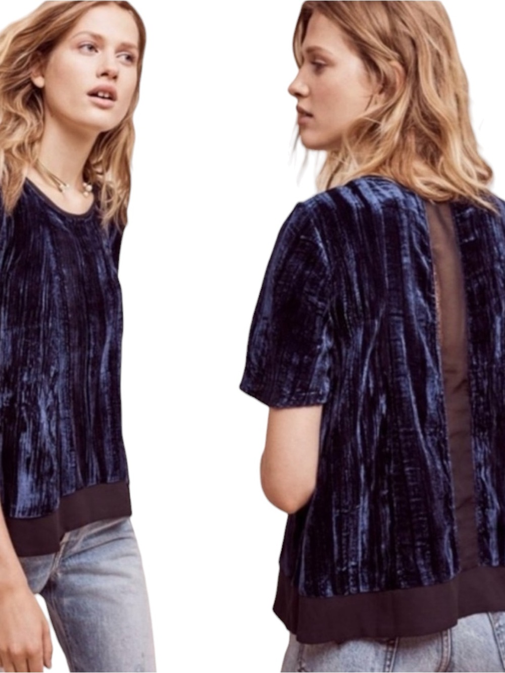 Anthropologie Maeve Blue Crushed Velvet Swing Short Sleeve Top size Medium